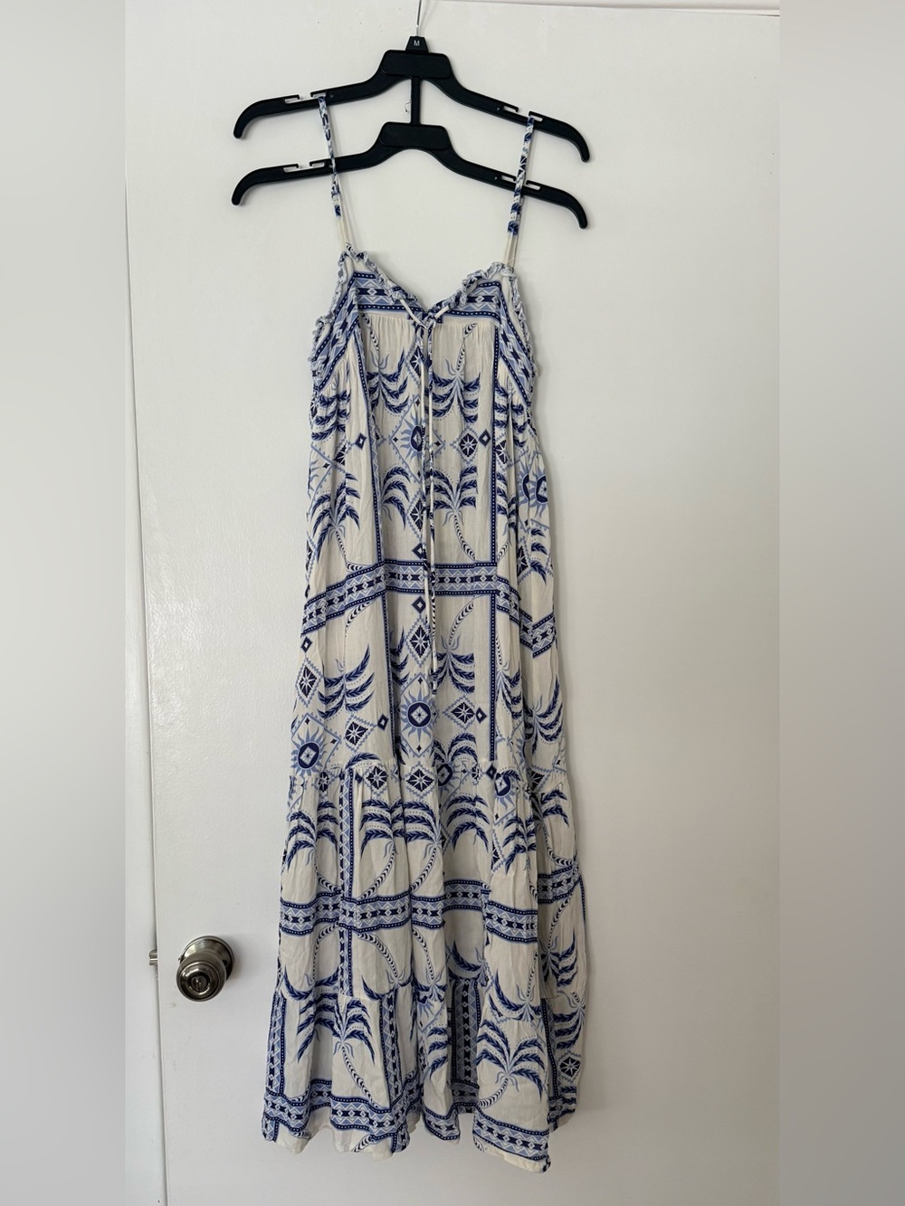Haute Hippie S White Blue and White Midi Sundress Ruffle Adjustable Straps